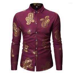 Men's Casual Shirts Shiny Gold Paisley Floral Print Long Sleeve Shirt Men 2023 Brand Slim Fit Dress Mens Party Business Male XL