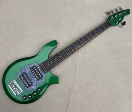 Factory 6 Strings 24 Frets Green Electric Bass Guitar with Active Circuit,Moon Inlay,Can be customized