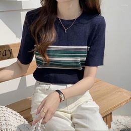 Women's T Shirts Elegant Women Striped Contrast Short Sleeve T-shirt Casual Transtar Travel Shirt Cool Loose Ice Silk Tops