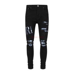 Abbigliamento firmato Amires Jeans Pantaloni in denim Amies New Black Tie Dyed Lettera Ricamo Camo Stampa di lettere elastiche Pantaloni classici slim fit Jeans Distressed Ripped Sk