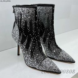 Dress Shoes Women Ankle Boots Fashion Genuine Leather Shiny Crystal Elastic Boots Super High Heels Party Dress Booties Autumn Winter Boots J230522