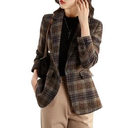 Blends 2022 New Autumn Winter Retro plaid Woolen Coat Women Korean Fashion Loose Work Office Ladies Jackets Casual Women's Suit Coats