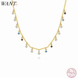 Necklaces WANTME 925 Sterling Silver Fashion Simple Colourful Zircon Clavicle Charm Necklace for women Vintage Boho Tassel Wedding Jewellery