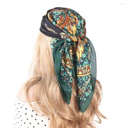 Scarves 70CM Square Silk Scarf Turban Headband Women's Hair Accessories Green Flower Print Ribbon Hairband Bow Rope Head Kerchief