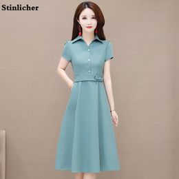 Dresses Summer Chiffon Shirt Dress Women Casual Loose Belt Pockets Korea Fashion Ladies Work Midi Dress Female Vestidos Robe 2022 New