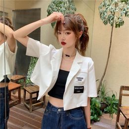 Women's Suits & Blazers Women Patch Design Letter Printed Plus Size S-3XL Short Sleeve High Street Female Cropped Blazer Leisure Korean Styl