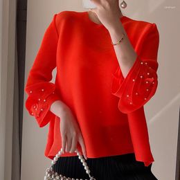 Women's T Shirts Pleated Round Neck Beaded Design Long Sleeve Summer T-shirt With Wood Ear Edge Loose Top Solid