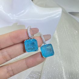 Dangle Earrings Luxurious Paraiba Sapphire Square Full Diamond For Women Geometric Zirconia Valentine's Day Gift Jewellery Wholesale