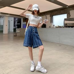 Womens Jeans Summer Fashion Dark Blue Striped Baggy Denim Shorts Womens Wide Leg Middle Pants Versatile Loose Cropped Women Ins