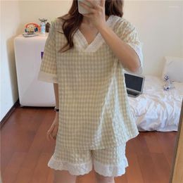 Home Clothing Alien Kitty Lace Stitching V-neck Women Pyjamas 2023 Plaid Pijama Mujer Two-piece Short Pants Suit Loose Cotton Sleepwear