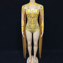 Bar Nightclub Sexy DJ Gogo Stage Wear Gold Red Tael Sleeve Rhinetone Printed Bodyuit Crytal Fringe Leotard Dance Cotume Fetival Party Performance