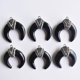 Pendant Necklaces Fashion High Quality Natural Black Onyx Ox Horn Shape Pendants For Jewelry Making 6pcs/lot Wholesale