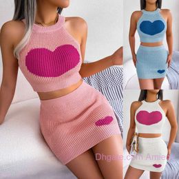 Wholesale Clothing Spring Summer Womens Tracksuits Two Piece Skirt Set Leisure Love Colour Contrast Naked Top Wrapped Hip Skirts Suits Lady Wear Outfits