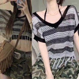 Women's T Shirts V-Neck Cover Up Top Women For Sun Protection Hollow Knit Striped Tassel Loos 10CF