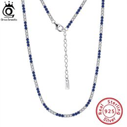 Necklaces ORSA JEWELS Solid 925 Sterling Silver Italian Tennis Necklace with 2.0mm White and Blue Round Cut Zirconia Chain Necklace SC49