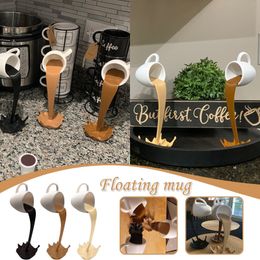 Decorative Objects Figurines Resin Statues Floating Coffee Cup Art Sculpture Home Kitchen Decoration Crafts Spilling Magic Pouring Liquid Splash Mug 230522