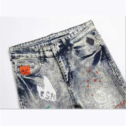 New Punk Style Men's City Fashion Tear Print Stitching Mid Waist Pants Simple Personality Jeans P230522 good