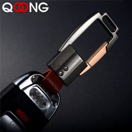 QOONG Custom Lettering High-Grade Alloy Genuine Leather Men Keychain Bag Pendant Key Chain Ring Metal Car Keyring Jewellery Gifts