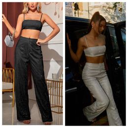 Skirts High Waist Glitter Pants Set Women Silver Sequin Cami Crop Top Wide Leg Trousers Sexy Sparkly Party Festival Outfit