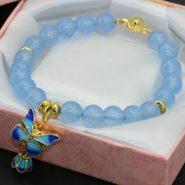 Link Bracelets Original Design Blue Jades Chalcedony Stone Round Beads 8mm Clasp Fashion Cloisonne Jewelry 7.5inch B2738