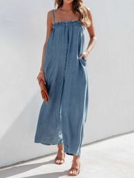 Women's Jumpsuits Rompers Women's casual blue denim jumpsuit summer loose wide leg pants bib sleeve pocket sleeve strapless sleeve P230522