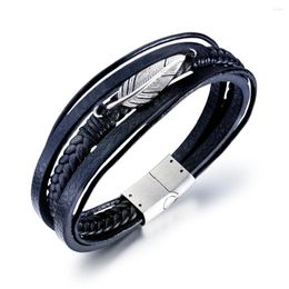 Charm Bracelets Multi-storey Weaved Leather Feather Bracelets&Bangles For Men Woman Black/Steel Colour Wristband Cuff Jewellery Drop