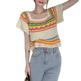 Women's T Shirts Style Sexy Crop Tops For Women Square Neck Ribbed Knit Loose T-shirt Short Sleeve Sweater Knitwear