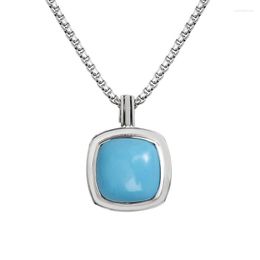 Pendant Necklaces 14mm Cushion Cut Turquoise Stone Necklace For Women Trendy White Gold Plated Brass Box Chain With Lobster Claw