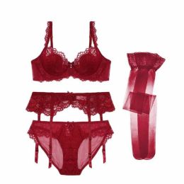 Ningsige sexy eyelash lace high quality bras garters panties stockings 4 pcs unlined yarn underwire bra set Q0705