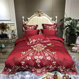 Bedding Sets Luxury European Wedding Set 1000TC Egyptian Cotton Gold Flowers Embroidery Duvet Cover Bed Fitted Sheet Pillowcase Linen