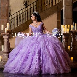 Lavender lilac princess Quinceanera Dresses Applique 3D Flower ruffles Off Shoulder lace-up corset vestidos de 15 quinceaNeras morados