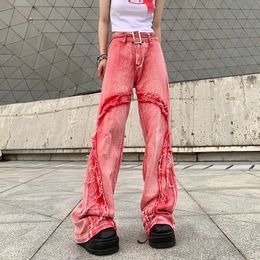 Women's Jeans American Style Vintage Washed Raw Edge Fashion High Waist Casual Trousers Wide Leg Jean Y2k Streetwear Baggy Pink Pants 230522