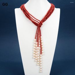 Necklace Earrings Set GuaiGuai Jewelry Red Coral Natural Cultured White Pearl Lariat Long Sweater Chain Bracelet Sets For Women