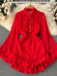 Casual Dresses Spring Autumn Vintage Women Mini Dress Elegant Stand Collar Puff Long Sleeve Single Breasted Ruffle Hem High Waist Vestidos