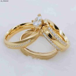 Band Rings 3pcs Couple Wedding Rings Set for Women Men Love Alliance Cz Diamond Engagement Marriage Jewellery Fedi Nuziali 18k Gold Plated J230522