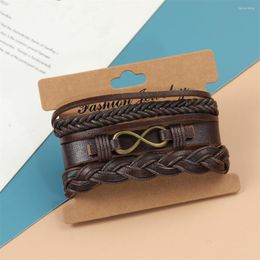 Charm Bracelets 3 Pcs/Sets Fashion Jewellery Handmade Weave Genuine Leather Bracelet Men Vintage Cuff 8 Words Pulsera Hombre