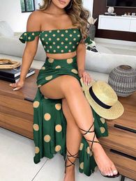 Two Piece Dress Off Shoulder Polkadot Print Top High Slit Maxi Skirt Set Sexy Women's 2-Piece Set P230522