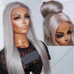 Grey Sliver Synthetic Lace Long Straight Heat Resistant Front Grey Natural Hair For Women Cosplay