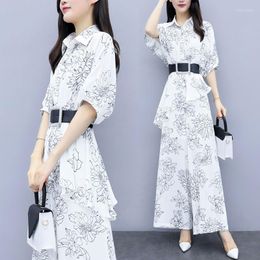 Women's Two Piece Pants Large Size Hakama Wear Fashionable Women Wide-leg Suit 2023 Summer Temperament Chiffon Printed Two-piece Sets N94