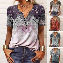 Women's Blouses Women Summer T-shirt Flower Printing Casual Loose V Neck Short Sleeves Daily Wear Pullover Retro Soft Ethnic Style Lady Top