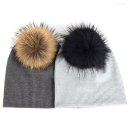 Berets Style Women Knitted Stripe Beanies Hats Baggy Slouchy Skullies Cap Solid Colour Soft Warm Hat With Real Fur Pompom