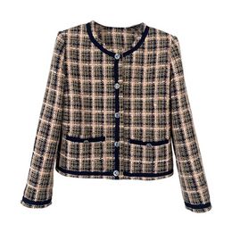 Spring Multicolor Plaid Contrast Trim Tweed Jacket Long Sleeve Round Neck Buttons Single-Breasted Jackets Coat Short Outwear A2N086405