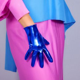 Five Fingers Gloves LATEX SHORT Faux Shine Patent Leather 8" 21cm Royal Cobalt Classic Blue Women WPU264