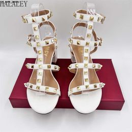 Sandals HALALEY Designer Rivets Sandals 6cm High Heels Black Leahter Shoes Classic Lady Wedding Shoes Black Red White Party Pumps J230518 J230519 J230522