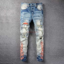 Designer Clothing Amires Jeans Denim Pants Amies 836 New Street Hiphop Flame Hole Old Wash Youth Slim High Street Denim Trousers Male Distressed Ripped Skinny Motocy