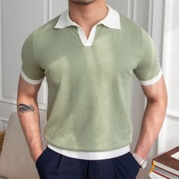 Men s Polos Summer Knit Lapel T shirt Polo Camisa Hombre British V neck Color Matching Collar Casual Slim Shirt Mannen 230522