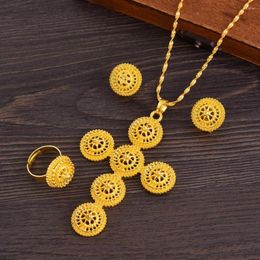 Necklace Earrings Set CZ Cute Ethiopian Traditiona Cross Jewellery Ring Gold Colour Eritrea Women's Habesha Wedding Party Gift