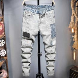 Men's Jeans Spring and Summer New European and American Watery Washable Perforated Fabric Collagen Splicing Work Color Ultra Thin Leg Elastic Men's Jeans P230522