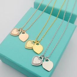 3 Colors Women Luxury Designer Necklace Titanium Steel Double Heart Edge Diamond Necklaces Logo Printed