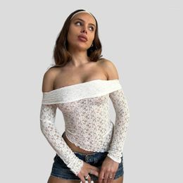 Women's T Shirts Combhasaki Women Y2K Fairy Full Floral Lace Cropped Tee Shirt Slim Fit Long Sleeve Off-Shoulder Skinny See-through